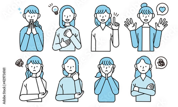 Obraz 様々な表情の女性のイラストセット