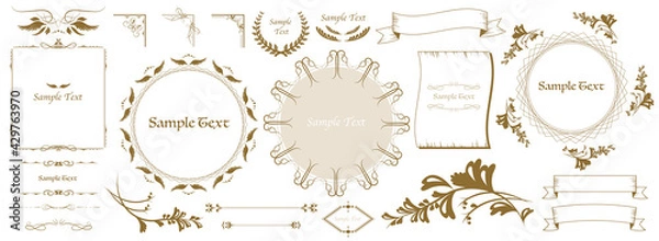 Obraz アンティーク_ヴィンテージ_フレーム_セット_飾り罫_エレガント_罫線_金_レトロ_羽_翼_葉 elegant antique vintage frames set vector illust