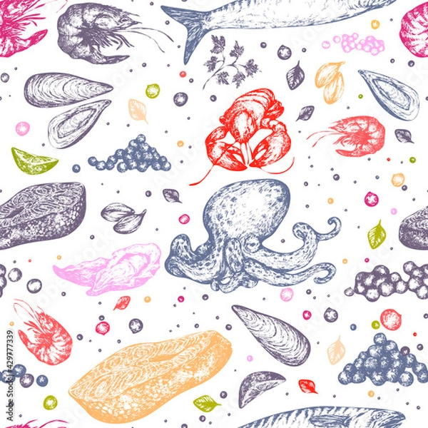 Obraz Seafood collection: hand-drawn vintage illustration with raw sea food and cooking elements, vector illustration