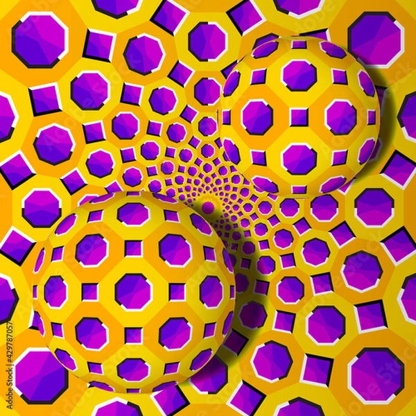 Fototapeta Yellow and purple background from octagons and squares with moving spheres. Spin illusion.