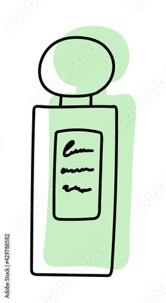 Fototapeta Illustration of a perfume bottle in line style. With a background of pastel colors in the form of a silhouette of perfume. 