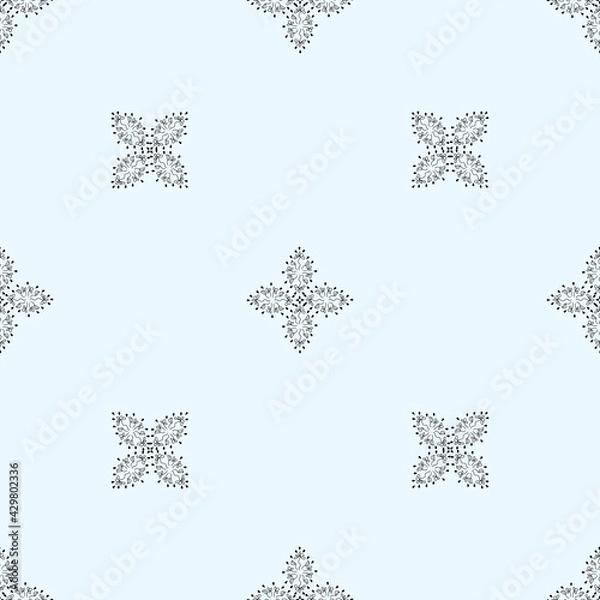 Obraz Seamless pattern with black  flowers and leaves on a blue background. Suitable for fabric, wrapping paper, wallpaper, bags, clothes, dishes, cases on smartphones and tablets, wallets.