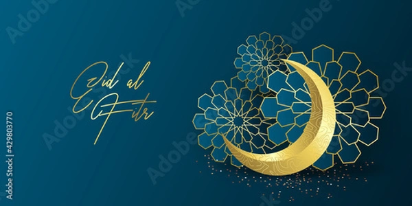 Obraz Ramadan kareem greeting card design template for invitation, banner, poster with lamp, crescent, calligraphy. Realistic vector illustration eid al fitr (Feast of Breaking the Fast). Eid Mubarak