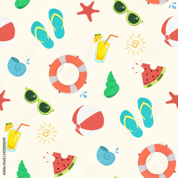 Fototapeta Colorful and cute seamless summer time pattern. Vector illustration.