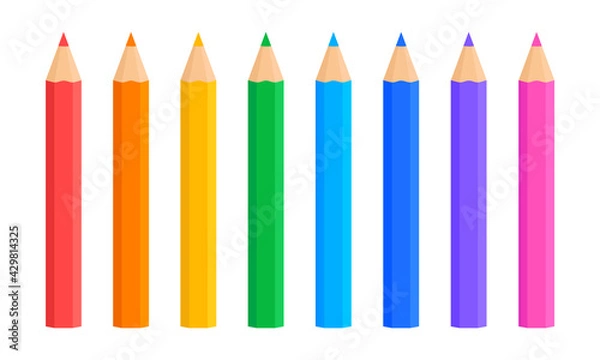 Fototapeta Set of flat colored pencils. Cartoon wooden color crayons. Colorful pencils for drawing. Office stationery tools. Vector illustration.