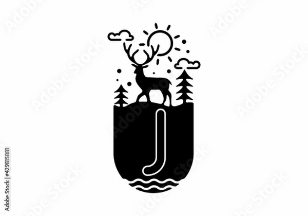 Fototapeta Black line art illustration of deer badge with J initial name in the middle