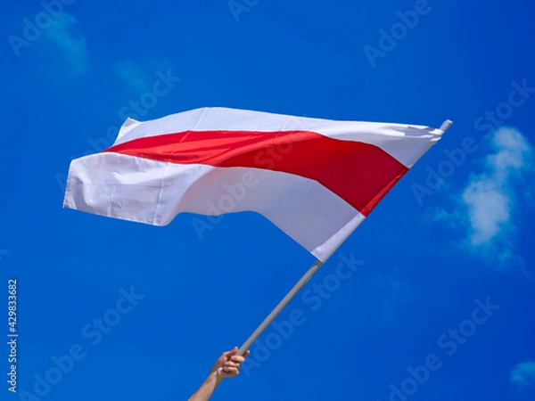 Fototapeta Isolated waving Belarusian national flag on blue sky background with clouds. White-red-white flag on hand. A symbol of peaceful protests in Belarus against dictatorship after presidential elections.