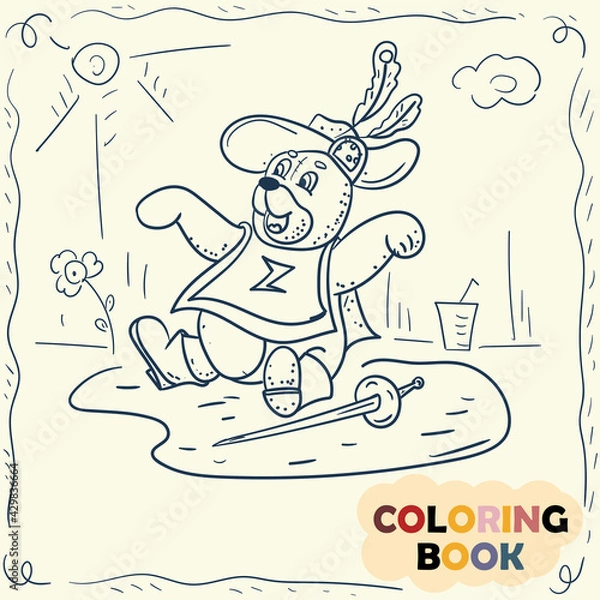 Fototapeta Coloring Book for Young Children Contour illustration in doodle style Teddy Bear toy in Musketeer costume sitting next to a weapon rapier