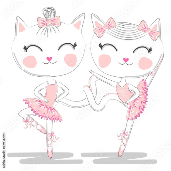 Fototapeta A pair of cute white ballerina cats in pink ballet tutu and pointe