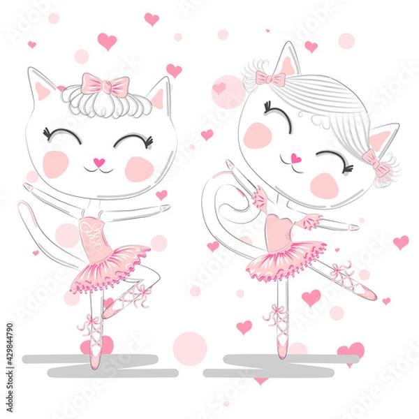 Fototapeta Happy cat girl in ballet costume dance on a piano on polka dot background illustration vector.