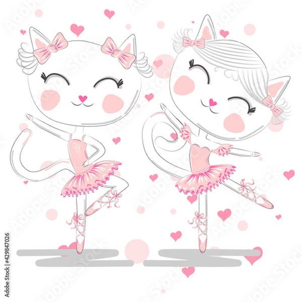Fototapeta Happy cat girl in ballet costume dance on a piano on polka dot background illustration vector.