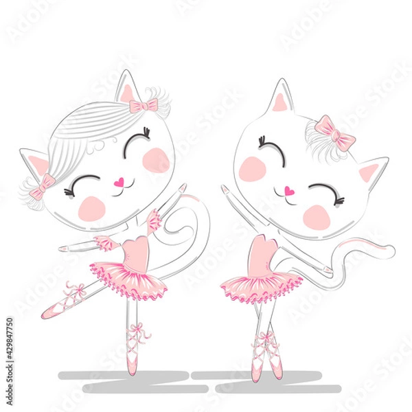Fototapeta A pair of cute white ballerina cats in pink ballet tutu and pointe