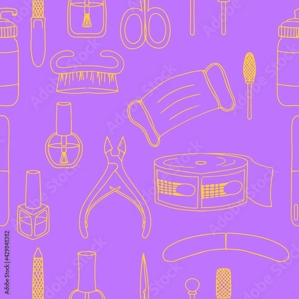 Fototapeta Bright seamless pattern. Manicure and pedicure. nail polish. Cartoon style manicure tools. Vector illustration isolated on white background.