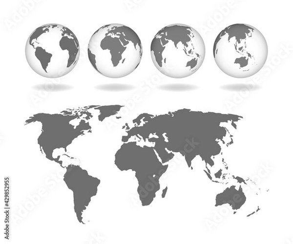 Obraz Set of transparent realistic earth globes. World map template with continents. World map in the form of a globe. Transparent texture.. Vector