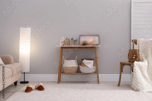 Fototapeta Modern room interior with table near light wall