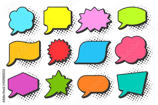 Obraz Cartoon pop art bubbles with black halftone shadow. Retro sketch speech bubble icon set. Vector design fun comic page dialog text message balloon template shapes. Boom, burst, wow effect empty frame