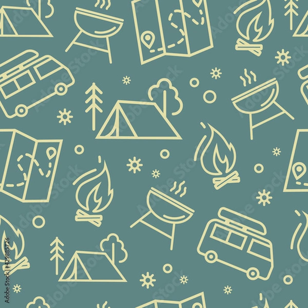 Fototapeta Elements of Camping, family tourism. A camping tent, a burning campfire, a map, a barbecue, and a van. Family camp in the woods, hiking items vector seamless pattern of icons in a linear style