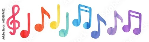 Obraz Colourful music note symbols of different color: pink, red, orange, yellow, green, blue, cyan, purple, violet. Hand painted watercolour sketch, isolated clipart elements for design, pattern, stickers.