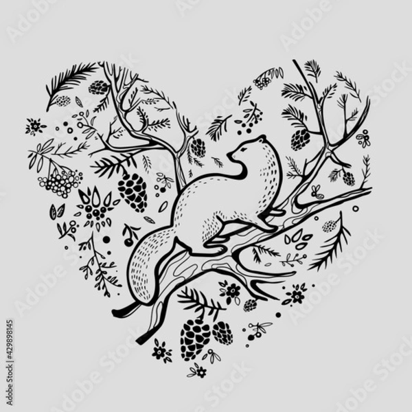 Fototapeta heart of the forest. Branches, herbs, leaves forming heart. Vector illustration for card