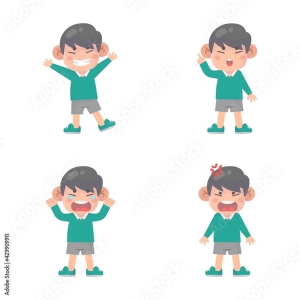 Fototapeta set of happy kids cute boy character with many gesture expressions .
