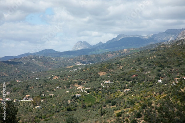 Fototapeta Mountains and trees in a green landscape with some clouds and blue sky