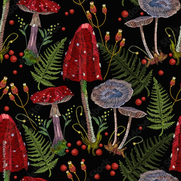 Fototapeta Embroidery mushrooms seamless pattern. Dark autumn forest. Gothic fairy tale art. Fashion nature template for clothes, textiles, t-shirt design