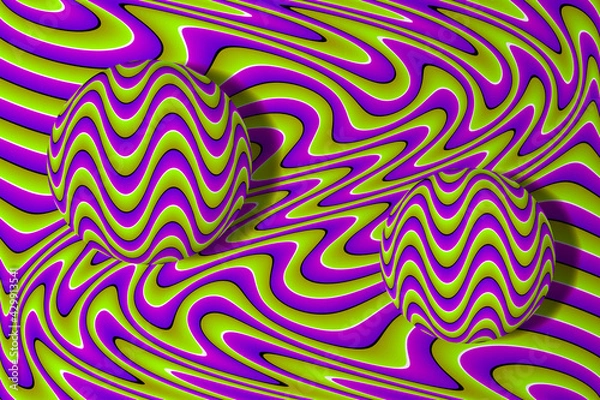 Fototapeta Wavy green background with moving spheres. Motion illusion.