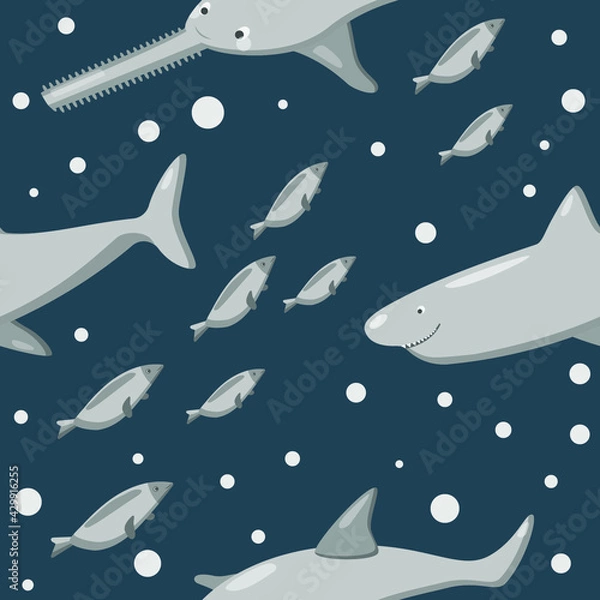 Obraz Seamless pattern with marine fish: sawfish, shark, herring. 