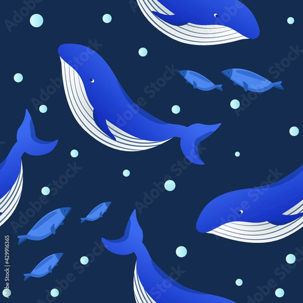 Fototapeta Seamless pattern with blue whales and fish underwater. 