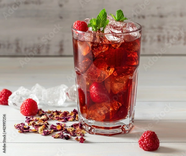 Fototapeta Cold sparkling hibiscus or karkade ice tea with lemon, mint, and raspberry in glass on a wooden table. Healthy drink.