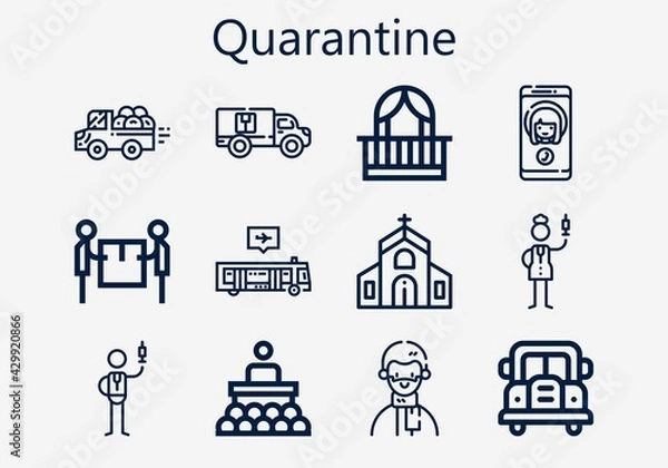 Fototapeta Premium set of quarantine [S] icons. Simple quarantine icon pack. Stroke vector illustration on a white background. Modern outline style icons collection of Bus, Call, Church, Balcony, Pick up