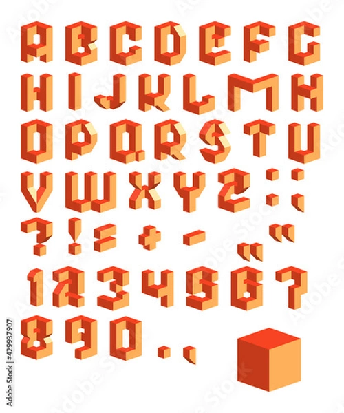 Fototapeta Vector isometric 3d font. Collection of red letters, numbers and punctuation marks