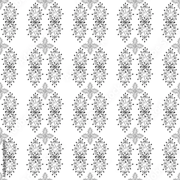 Fototapeta Seamless pattern with black  flowers and leaves on a white background. Suitable for fabric, wrapping paper, wallpaper, bags, clothes, dishes, cases on smartphones and tablets, wallets.