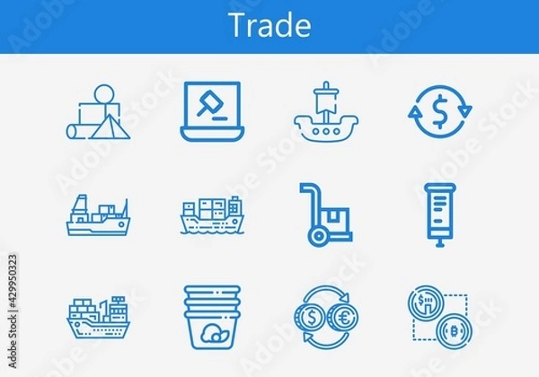 Fototapeta Premium set of trade line icons. Simple trade icon pack. Stroke vector illustration on a white background. Modern outline style icons collection of Cargo ship, Cargo, Roll up