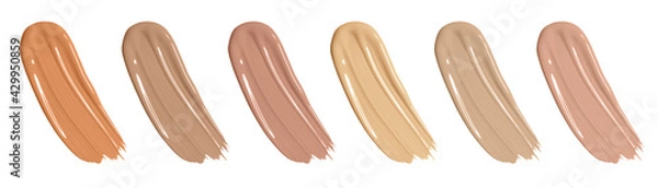 Obraz Liquid cosmetic foundation set, concealer smear smudge. Collection different tones bb cream swatch sample isolated on white. Banner