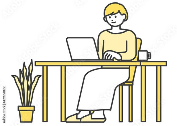 Fototapeta リモートワークで仕事をする女性のイラスト素材