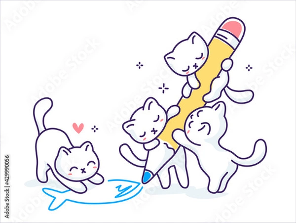 Obraz Vector illustration of cute happy cat with pencil drawing fish