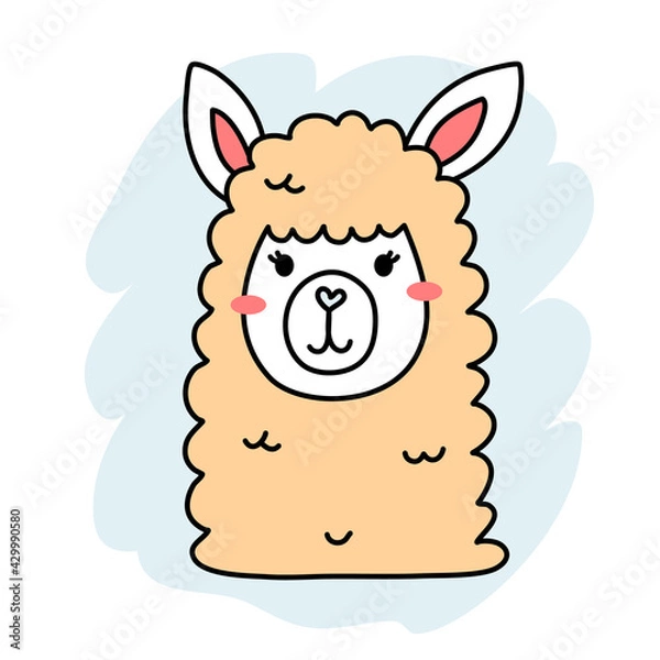 Obraz Vector illustration of head of cute happy line art yellow llama