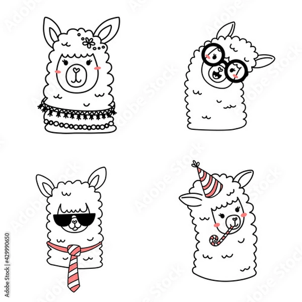 Obraz Vector set of illustration of head of cute happy line art llama with accessory