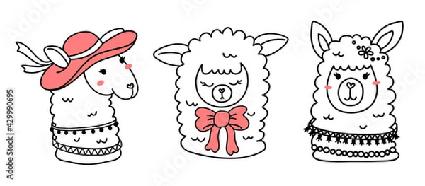 Obraz Vector set of illustration of head of cute happy line art llama with pink accessory