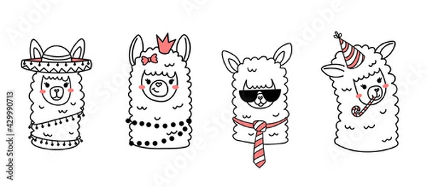 Obraz Vector set of illustration of head of cute happy line art llama with fun accessory