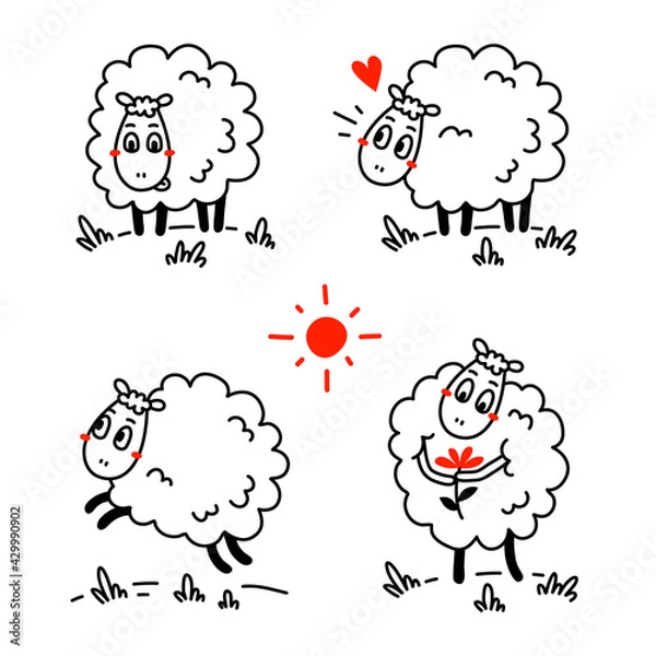 Fototapeta Vector set of illustration of cute happy line art sheep with curly wool in different pose