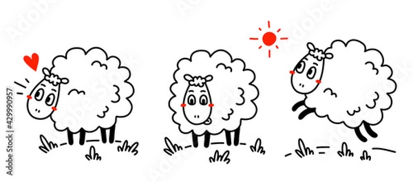 Obraz Vector set of illustration of cute happy line art sheep with curly wool in different pose