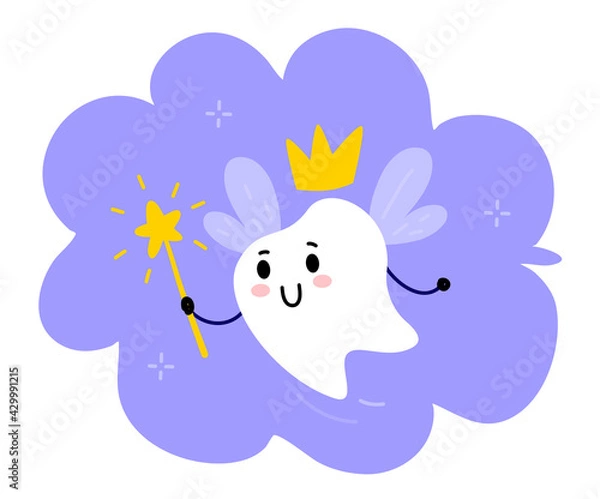 Obraz Vector illustration of cute tooth fairy character with magic wand and wing