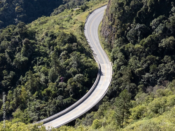 Obraz Road and S-shaped bridge surrounded by forest. Upper view