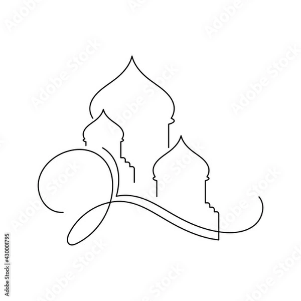 Fototapeta Vector Illustration of Islamic Mosque Line Art Drawing. Good for Greeting Card, Cover, Poster, Banner, Invitation, and others.