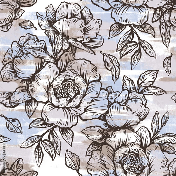 Fototapeta Illustration of graphic flowers and leaves. Seamless pattern for wallpaper and fabric design.