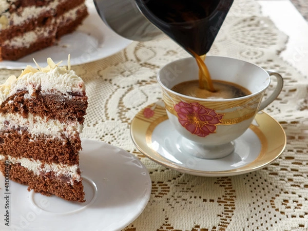 Fototapeta brewed coffee, sponge cake