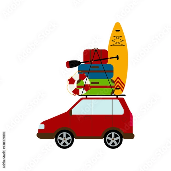Obraz Travelling by car. Necessary things for travel. Suitcases, lifebuoy and SUP on the trunk of the car. Family hobby. Flat style Vector Illustration isolated on white Background.
