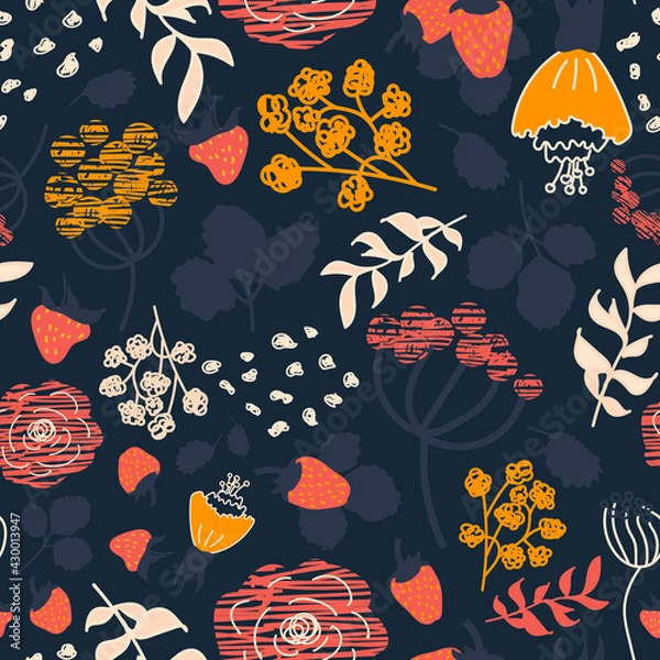 Fototapeta Strawberry seamless pattern. Abstract berries, branches, leaves and flowers. Vector dark blue background. Perfect for printing on the fabric, design package and cover.